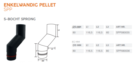 80mm pelletpijp EW 1,2mm zwart S-bocht versleping 8 cm