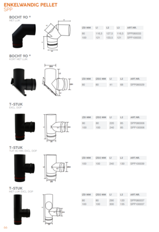 80mm pelletpijp EW 1,2mm zwart T-Stuk