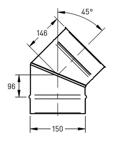 Holetherm enkelwandig 150mm 45 gr bocht RVS